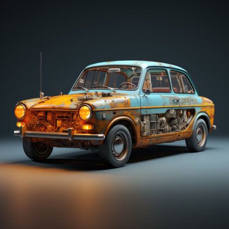 an old Soviet car on a dark background.の素材