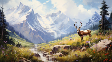 Mountain landscape with a reindeer and flowers.の素材