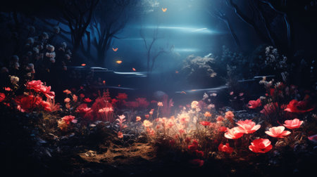 a fantasy fantasy landscape with a river and flowersの素材