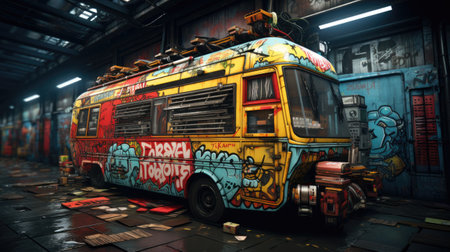 Abandoned old school bus with graffiti on the roof.の素材