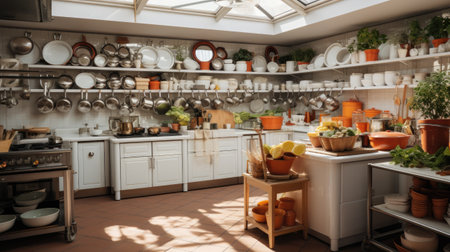 Interior of a modern kitchen with lots of pots and utensilsの素材