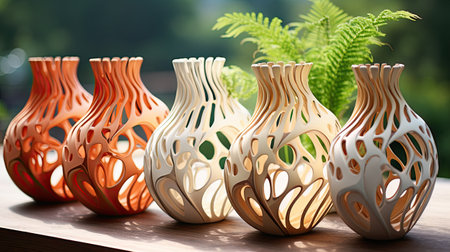 Colorful ceramic vases with ferns on a wooden tableの素材