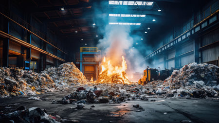Industrial interior of the metallurgical plant with burning waste.の素材