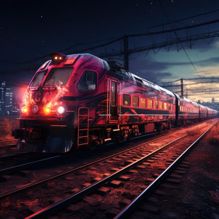 The high-speed train passes through the city at night.の素材
