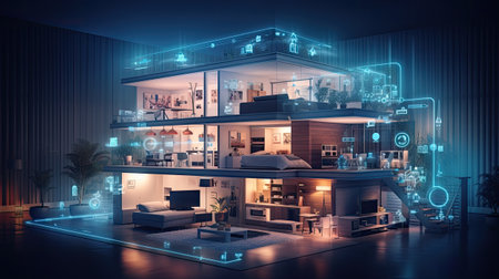 Modern office interior with glowing digital hologram on the wallの素材