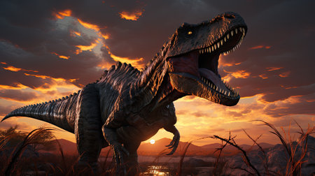 dinosaur in the savannah at sunsetの素材