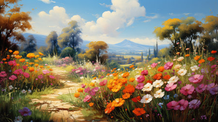 a field of poppies and Mountainの素材