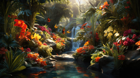 Tropical garden with flowers and waterfalls.の素材