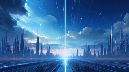 Futuristic city with high-rise buildings and high-rise buildingsの素材