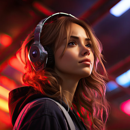 Portrait of a beautiful young woman listening to music with headphones.の素材