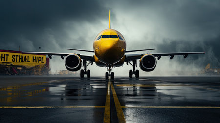 Airplane on the runway with stormy sky.の素材