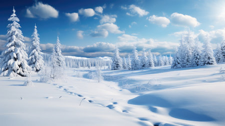 Winter landscape with snowy fir trees and blue sky. Panoramic image.の素材