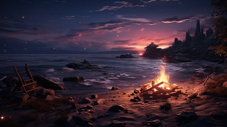 a campfire on the beach at night,の素材