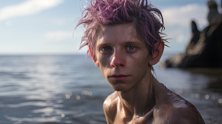 Portrait of a young man with pink hair in the sea.の素材