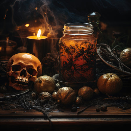Halloween still life with pumpkin, skull and candles on wooden backgroundの素材