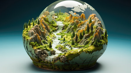 A glass globe with a forest and mountains in it.の素材