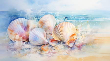 Watercolor Sea shells on the sandy beach.の素材