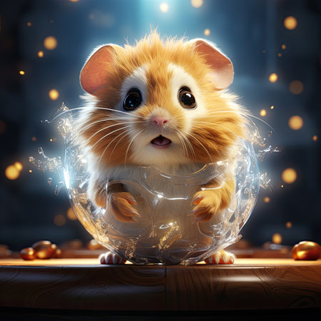 Hamster in a glass bowl on the background of a luminous garlandの素材