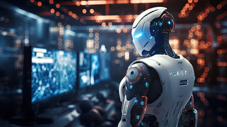 humanoid robot or cyborg with computer on blurred backgroundの素材