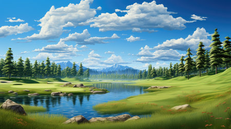 Beautiful landscape with lake, mountains and blue sky.の素材