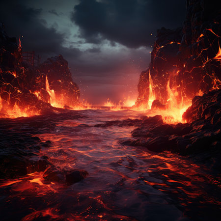 Burning lava flows into the sea at night.の素材