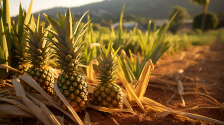Pineapple on the field at sunset time. Close-upの素材