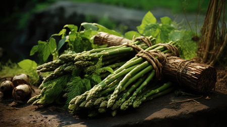 Bunch of fresh green asparagus on a rustic backgroundの素材