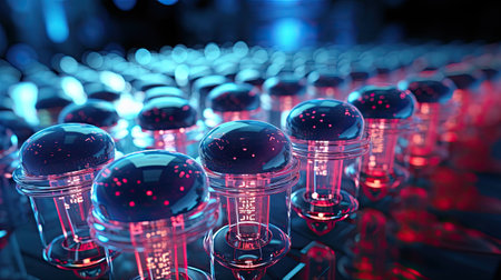 Laboratory glass test tubes with red light.の素材