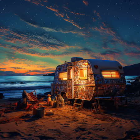 a camper caravan on a beach at sunsetの素材