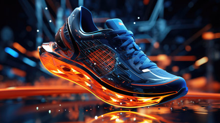 running shoes in neon light. Technology concept.の素材