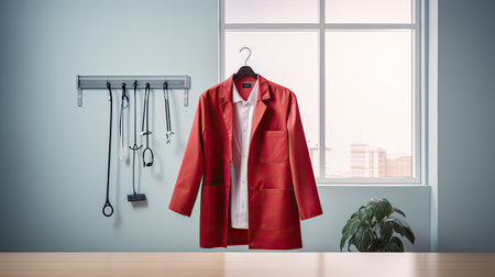 Red coat hanging on a hanger against room with large window showing cityの素材