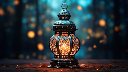 Lantern on wooden table. Ramadan Kareem greeting card.の素材