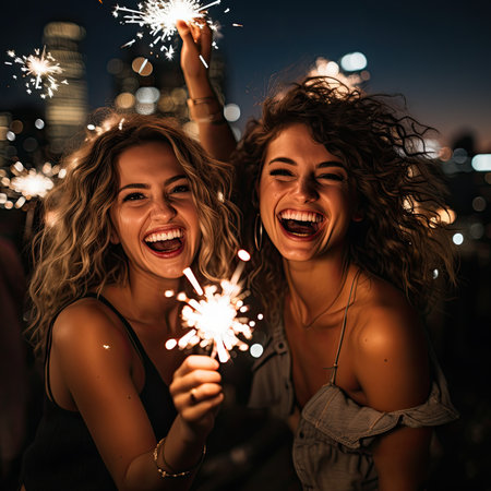 Two beautiful young women with sparklers having fun on a rooftop partyの素材