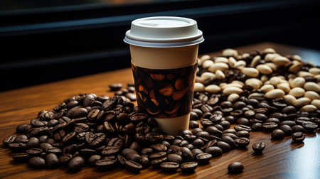 Coffee cup and coffee beans on wooden table in cafe.の素材
