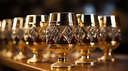 golden goblets on a table in a restaurant, close-upの素材