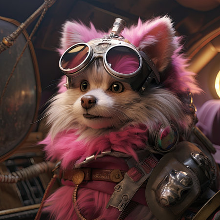 Pomeranian Spitz in a pilot's helmet and glasses.の素材