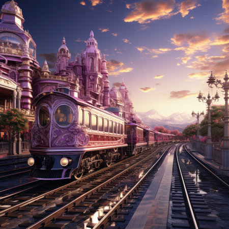 Train on railway station at sunset. 3D illustration. Vintage style.の素材