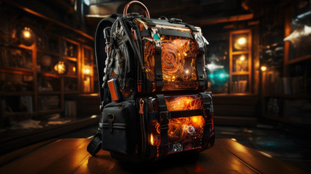 Traveler backpack on wooden table in night club. 3d renderingの素材