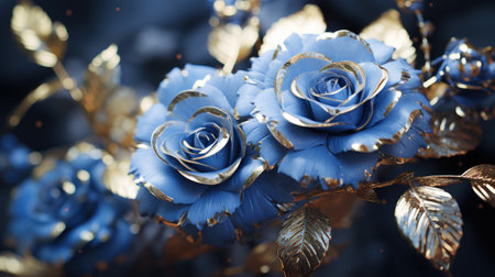 Blue rose with golden ornament on dark blue background, 3d renderの素材