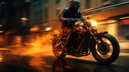 Motorcyclist riding a motorcycle on the street at night. Motion blurの素材
