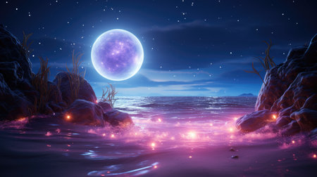 3D illustration of a fantasy landscape with a full moon in the skyの素材