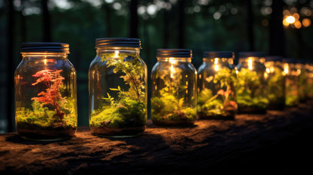 Small glass aquarium with green plants in glass bottles on the table.の素材