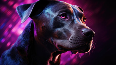Studio portrait of a great Dane dog with purple lights on background.の素材
