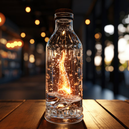 Glass bottle with a burning fire inside on a wooden table in a cafeの素材
