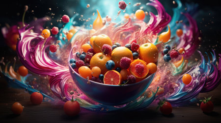 Fruit salad in a bowl with water splash on a dark backgroundの素材