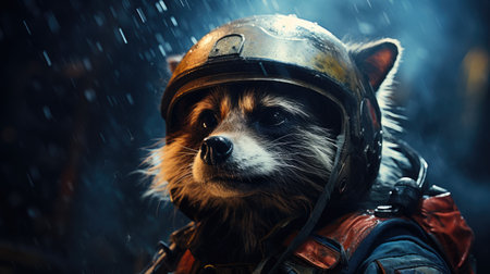 Portrait of a dog in a helmet of a firefighter in the rainの素材