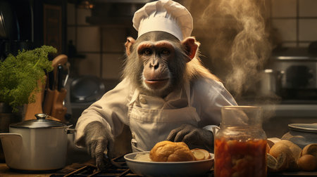 Monkey in the kitchen. Macaque in the chef's hat.の素材
