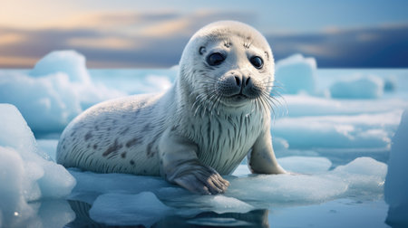 Baby seal on the ice floe in Arctic ocean. Animal portrait.の素材