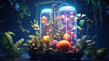 Fantasy still life. Fruits and vegetables in a cage.の素材