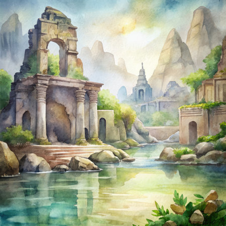 Digital watercolor painting of ancient temple on the bank of the riverの素材